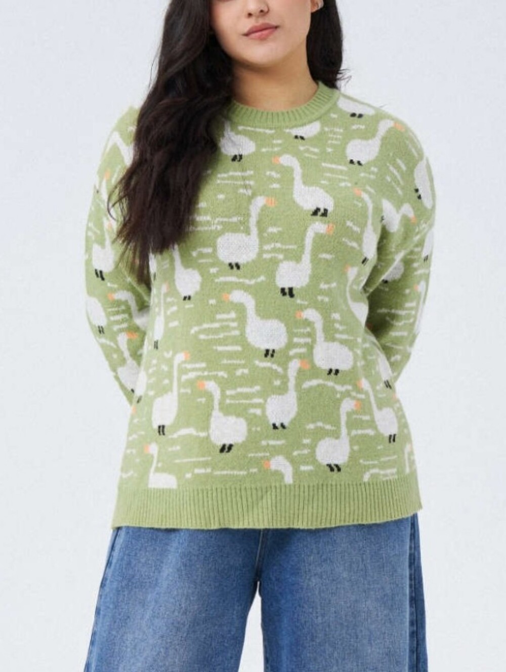 3x Plus Size Cider Curve Green Goose Print Sweater Green Top